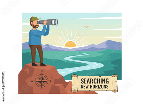 Flat vector illustration of a nature enthusiast, a man with binoculars admiring a scenic view, seeking new horizons and life goals, depicted as an explorer cartoon character, symbolizing outdoor