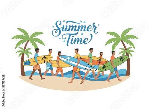 A seasonal postcard design featuring a group of male surfers with surfboards, handwritten summer text in cursive calligraphy, set on a sea or ocean beach, rendered as a flat vector illustration