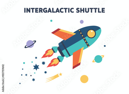 A rocket soaring through space, a lone futuristic spacecraft in flight, an intergalactic shuttle gliding, a spacecraft's spacewalk, depicted as a colored flat vector illustration of cosmic transport