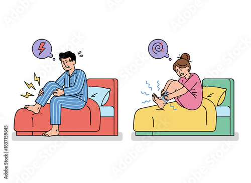 Nighttime leg cramps cause people to feel sharp muscle pain, with men and women lying in bed experiencing sudden, intense aches in their feet and ankles, while others endure spasms and numb limbs