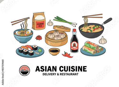 A horizontal banner template featuring appetizing Asian dishes and food items set against a white backdrop, rendered as a vibrant realistic vector illustration for restaurant or delivery service ads