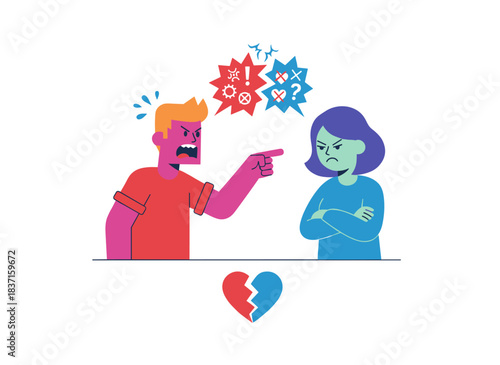 A couple in heated conflict, with an irate man yelling at a frustrated woman, depicting a family argument and relationship issue in a bright flat vector illustration set against a white background
