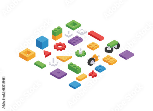 A set of colorful, isometric plastic construction pieces displayed against a white background, featuring interlocking toy bricks and building blocks for children, illustrated in vector form