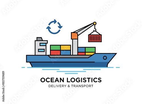 Contemporary cargo vessel icon depicting a commercial ship equipped with a goods wagon, crane, and container, representing ocean logistics and delivery services in flat vector line art on a white