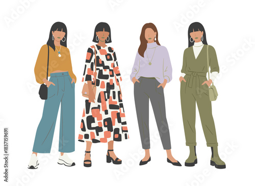 A group of young women in fashionable attire, standing together in stylish, trendy casual outfits, including dresses and trousers, depicted in a flat vector illustration on a white background