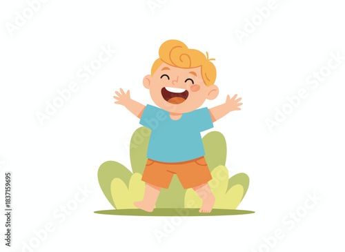 A cheerful little child strides barefoot, a cute, adorable youngster grinning with delight, a jovial, lovable boy laughing while radiating positive feelings, rendered as a flat vector illustration