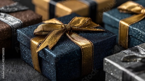Flat lay of elegant gift boxes wrapped in navy blue, gold, and silver paper with satin ribbons placed on a dark matte background for holiday.