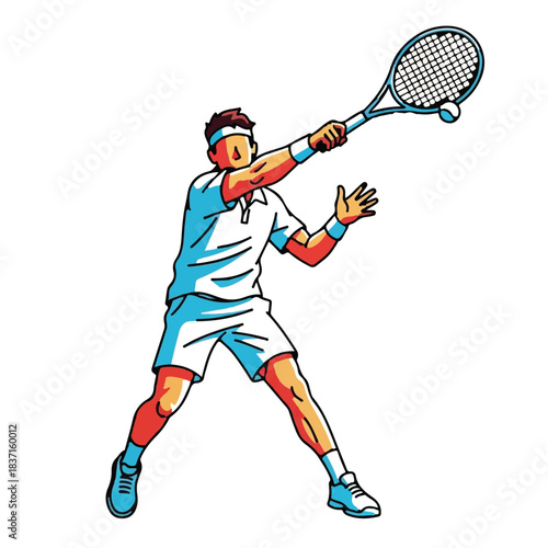 Dynamic Vector illustration of a male tennis player hitting a powerful forehand shot on the court, capturing the intensity and athleticism of the sport with vibrant graphics