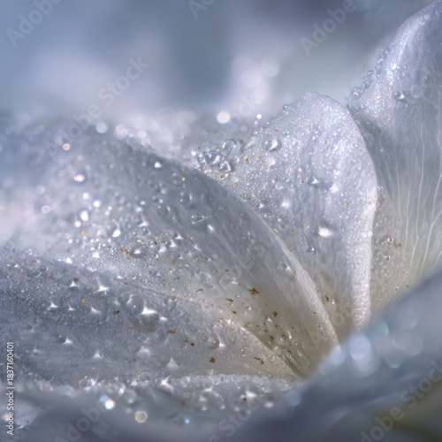 Macro close up of leaf with water droplets in soft neutral tones inspired by cloud dancer color of the year 2026.