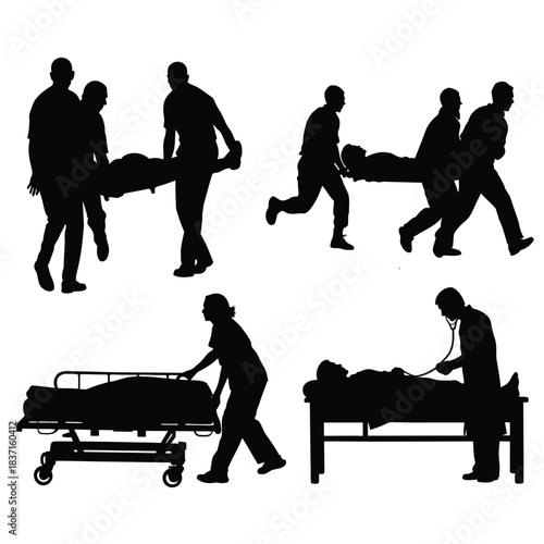Emergency Medical Rescue Team Silhouettes, Carrying Patient on Stretcher and Examination Set