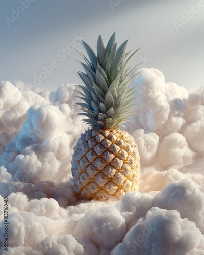 Surreal pineapple rising from soft clouds under warm pastel light. Playful whimsical concept for creative and commercial storytelling.