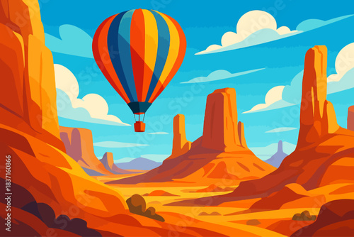 “A vibrant vector-style illustration of a hot air balloon floating over a dramatic desert landscape with tall, uniquely shaped rock formations. The scene features warm orange, yellow, and red sandston