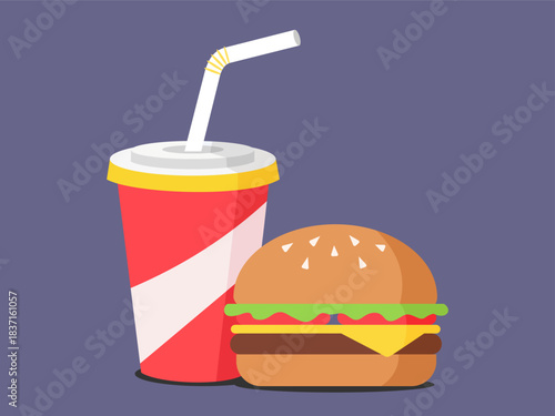 Fast food meal with hamburger and soda drink illustration