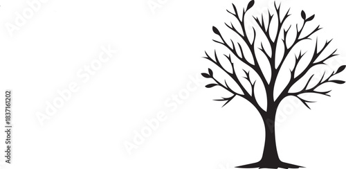 Black and white vector silhouette of a deciduous tree with detailed branches and leaves, illustrating the changing seasons from spring to winter