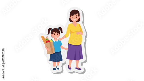 Pregnant Mother And Young Daughter Holding Grocery Bag With Bread And Vegetables Together Smiling Happily Indoors With White Background And Soft Lighting