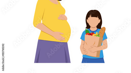 Pregnant Woman In Yellow Long Sleeve Shirt And Purple Skirt Stands Next To A Young Girl Holding A Grocery Bag Filled With Food And A Baguette Bread In A Studio Setting With A White Background