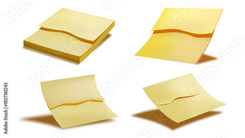 Set of yellow sticky notes with torn edges isolated on white background