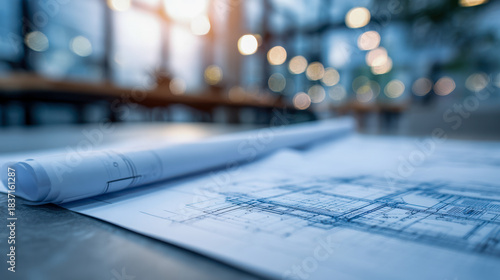 Architectural blueprints and rolled schematics on a desk in a modern office with bokeh lighting showcasing design and planning concepts