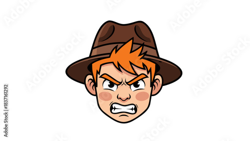 Pixelated Cartoon Face of Angry Man Wearing Brown Fedora Hat on Black Background Expressing Frustration and Rage in a Digital Illustration Style