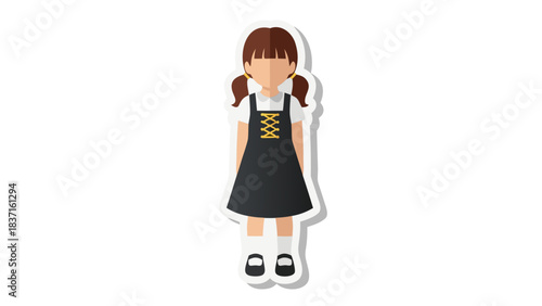 Pixelated Cartoon Girl Character in School Uniform with Pigtails and White Socks Standing Against Black Background with Shadow and Outline