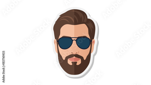 Pixelated Portrait of a Bearded Man Wearing Blue Aviator Sunglasses and Styled Hair Against a Black Background with White Outline Sticker Effect Minimalist Flat Design
