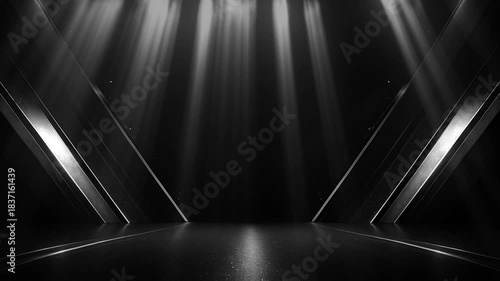 Dark silver stage with golden spotlight lines and glitter texture for award ceremony design. Realistic 3d abstract premium elegant glamour background template for anniversary or winner rewarding.