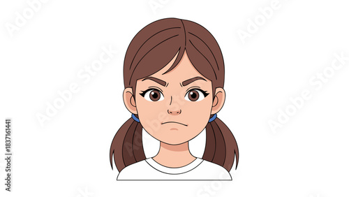 Pixelated Portrait of a Young Woman with Pigtails and Blue Earrings Showing an Angry or Frustrated Expression Against a Black Background Wearing a White T-Shirt