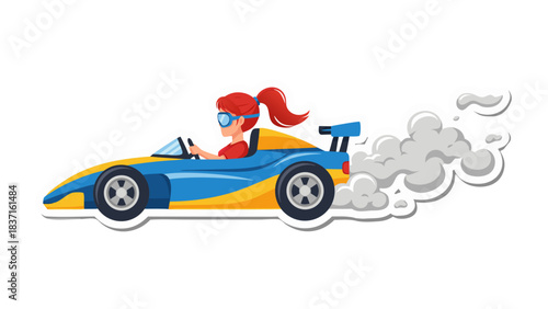 Pixelated Woman Driving Blue and Yellow Race Car Speeding with Smoke Trail Motion Blur on Black Background Cartoon Style