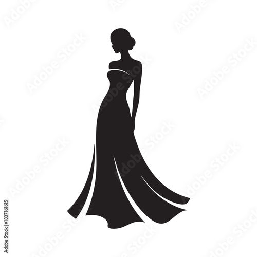 Elegant wedding silhouette of a bride and groom in long formal fashion, symbolizing love and happiness
