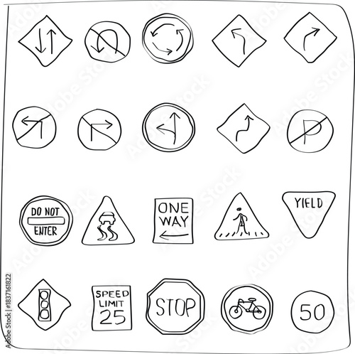Hand-drawn vector collection of essential traffic signs, including Stop, Yield, Speed Limit 25, One Way, and No Parking, featuring a clean, sketched line-art style on a white background.