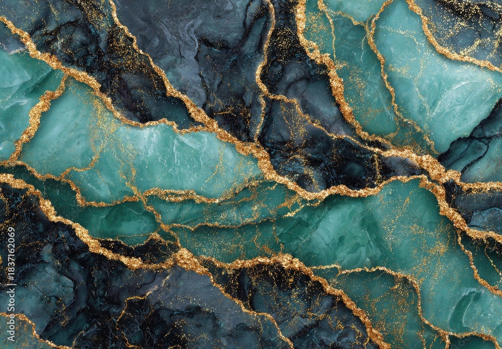 Fototapeta premium Marbleized pattern of deep blue and teal with veining of textured gold flowing throughout the design