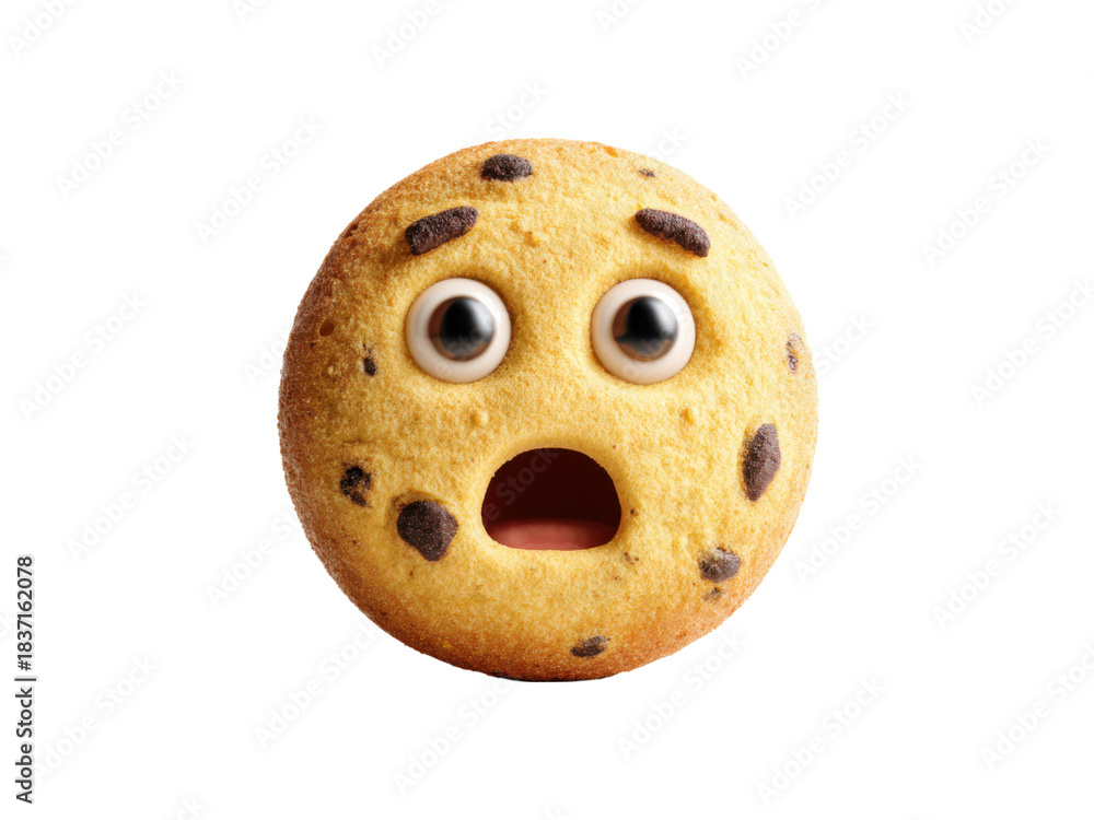 Obraz premium Chocolate chip cookie with wide eyes and open mouth image, Isolated, Png Transparent Background