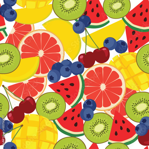 Fruit minimal seamless pattern. Colorful illustration of sliced fruits and berries. Kiwi, watermelon, citrus fruits, blueberries, and cherries. Isolated on white background. Fresh food design