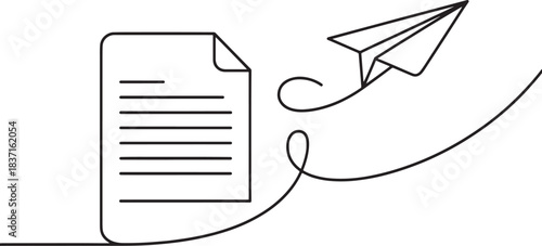 Continuous line drawing of a document and paper airplane for email message concept