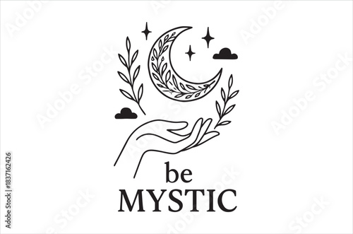 Celestial hand holding a crescent moon with botanical elements and text