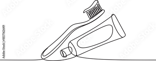 line art drawing of toothbrush and toothpaste for dental hygiene