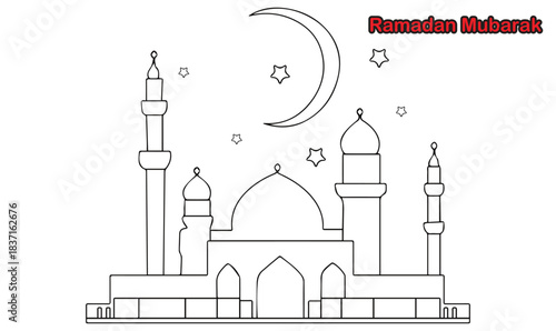 Ramadan Mubarak Mosque Line Art with Crescent and Stars