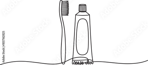 Minimalist continuous line art drawing of toothbrush and toothpaste for dental hygiene