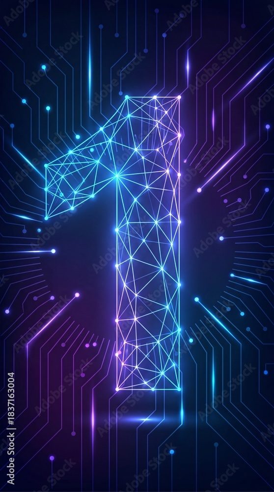 Obraz premium Low Poly Wireframe Number One with Glowing Neon Geometry, Futuristic Digital Mesh Structure, Abstract Polygonal Lines and Light Particles Forming Modern Technology Background Design. Vertical bg