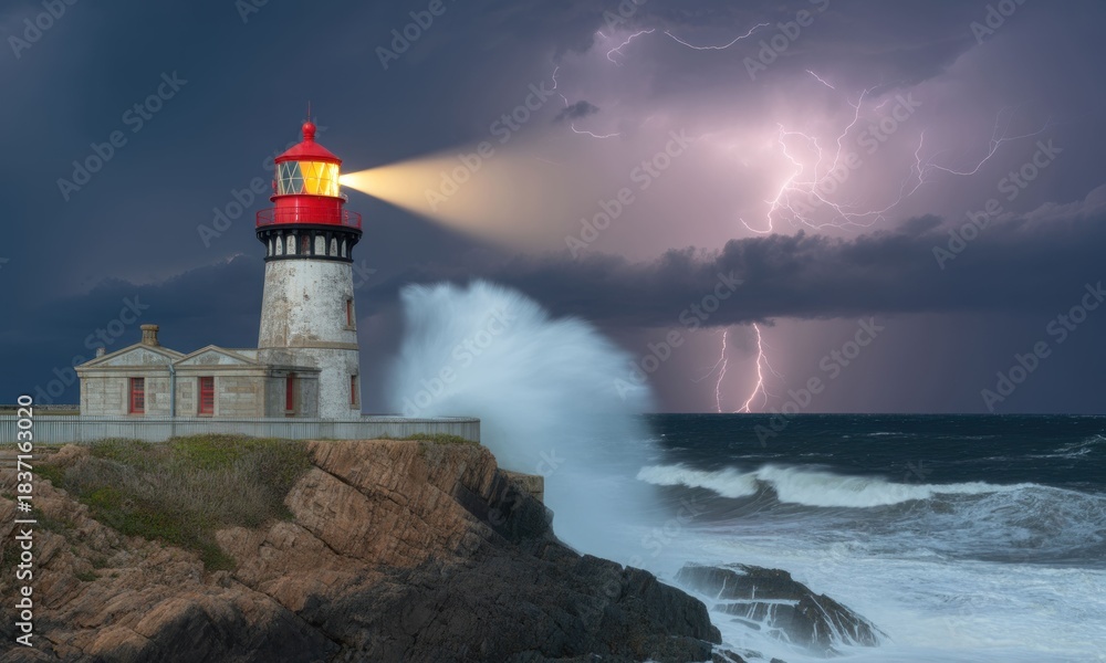 Obraz premium Stormy seas, lighthouse beacon