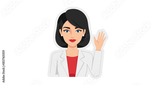 Professional Woman In White Lab Coat And Red Top Waving Hello With A Friendly Smile On Black Background Isolated