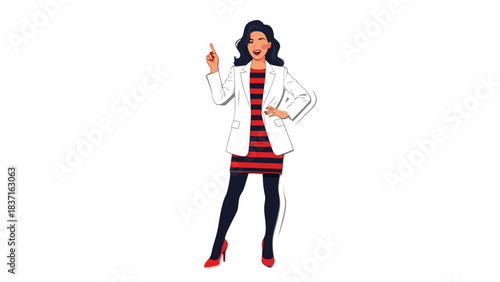 Professional Woman in White Coat Red Striped Dress and Black Tights Holding a Small Red Object Standing Against a Black Background Isolated