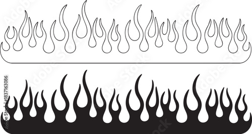 Classic silhouette flame. Black fire set isolated on white background. Old school tattoo neo-tribal style or silhouette flame for cars. Minimalistic stylish fire outline and filled contour. Vector set