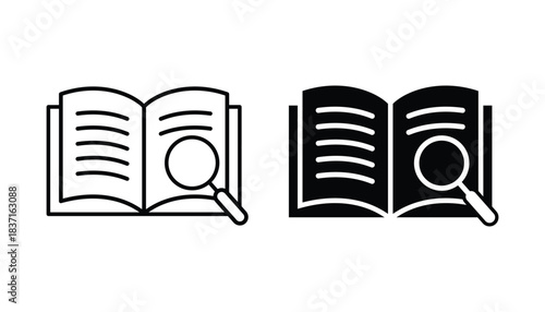 Open a literature book icon with a magnifying glass. Open book magnifier education study icon. Book search icon vector. Knowledge uncovered icon.