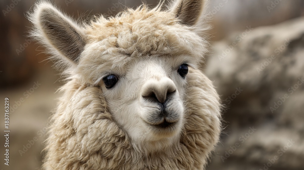 Fototapeta premium Llama with soft fur stands calmly while observing people nearby under the bright sun.