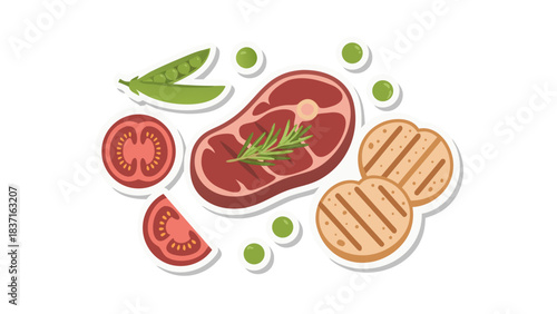 Raw Beef Steak With Tomatoes Peas and Grilled Potatoes A Delicious Meal Arrangement on Black Background With Subtle Rosemary Garnish