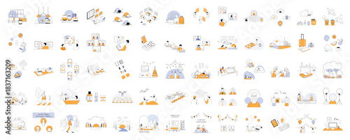 Mega Bundle of Modern Thin Line Illustrations: Daily Life, Technology, Travel, and Business Vector Icon Set