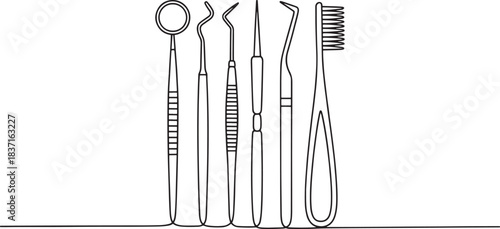 Set of basic dental examination and hygiene instruments in a line art drawing