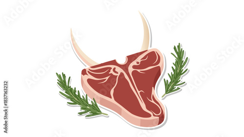 Raw T Bone Steak With Fresh Rosemary Sprigs Isolated on Black Background Minimalist Food Illustration Close Up View of Marbled Meat Cut with Bone