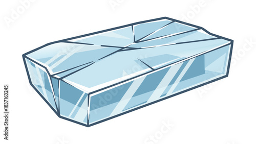 Rectangular block of clear ice with visible cracks and fractures isolated on a black background casting subtle blue and white reflections and highlights